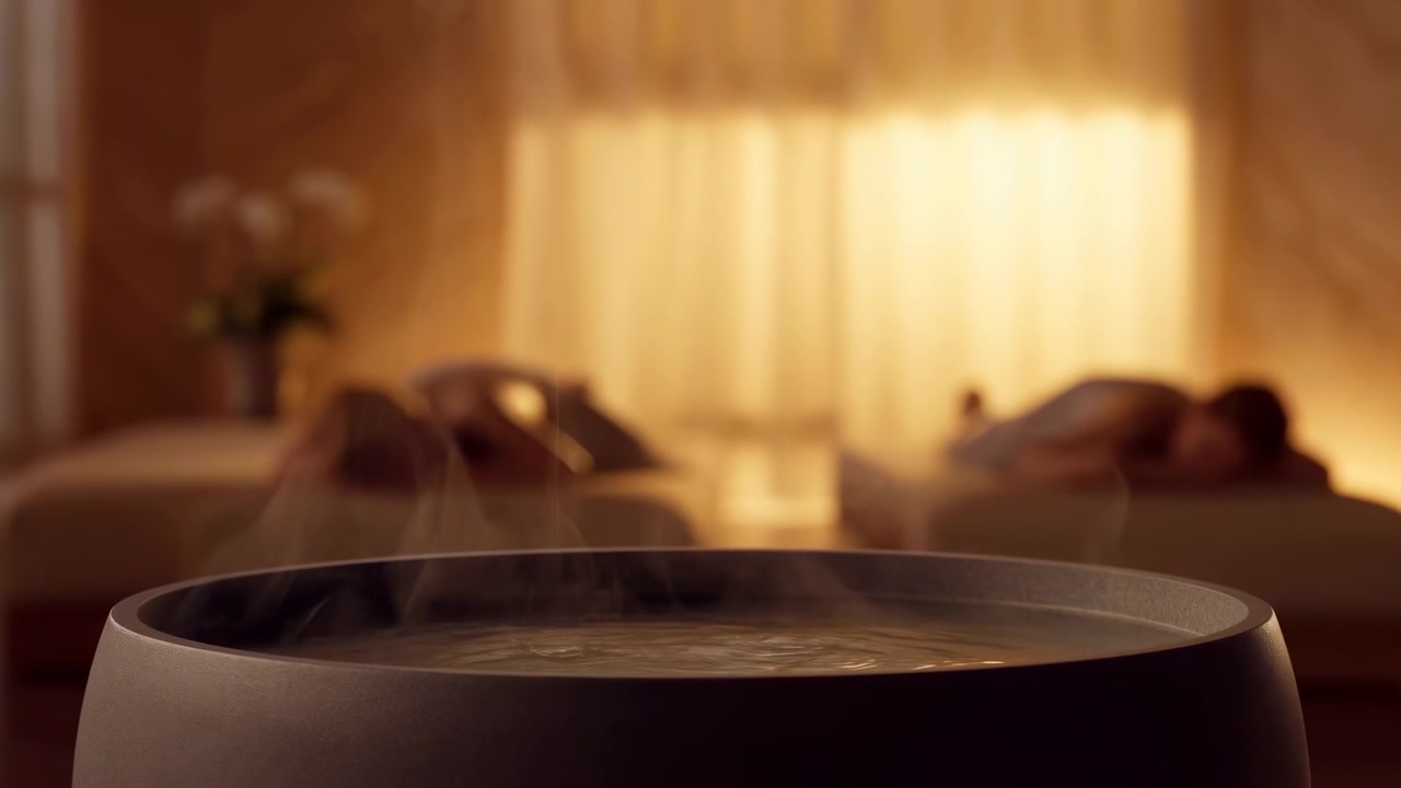 Une baignoire ronde se trouve au premier plan d'une chambre doucement éclairée, avec des rideaux chauds, un lit et une atmosphère calme et douillette créant un cadre intérieur détendu
