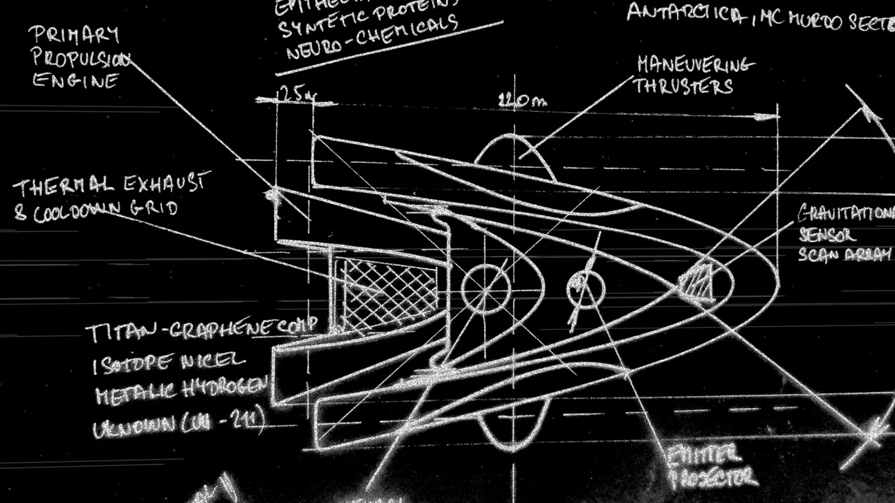 Chalk-drawn design schematic of an alien spacecraft on a dark blackboard. Ideal for sci-fi documentaries, mystery video essays, and deep-space gaming video overlays.