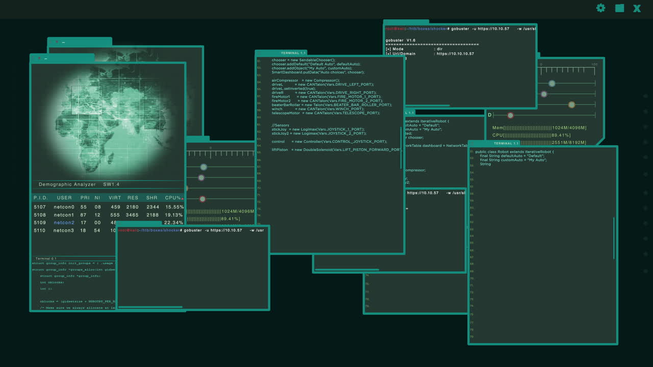 Computer screen displaying code, demographics, and world map