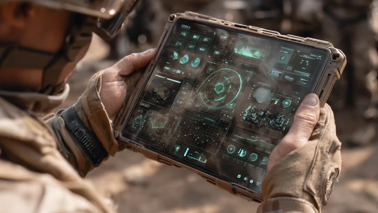 A soldier analyzing tactical data on a futuristic tablet, showcasing digital maps, real-time analytics, and advanced technology in a military environment
