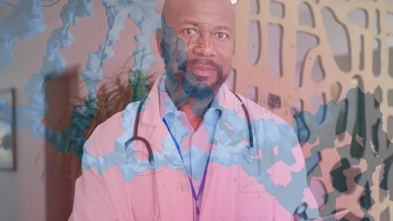 animación de cadena de adn y fórmulas matemáticas sobre el retrato de un doctor afroamericano sonriente.