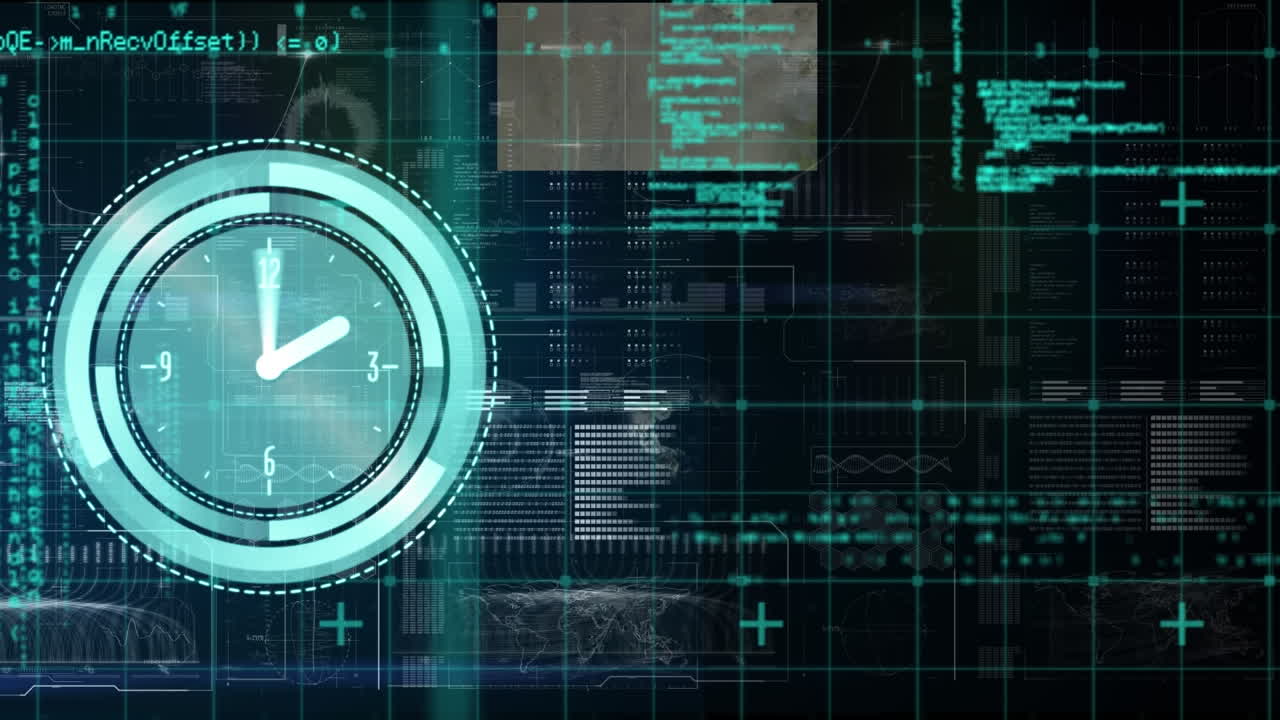 Animation of neon ticking clock icon over interface with data processing against blue background