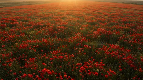 a vibrant field of red poppies under a glorious sunrise, showcasing nature's beauty and the tranquility of a blooming landscape