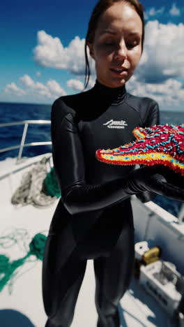 woman holding a starfish on a boat
