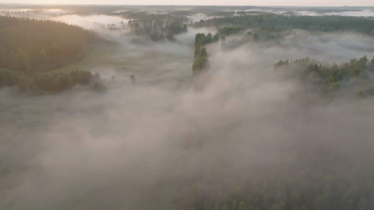 Aerial view tilting over a misty countryside field and forest, sunrise in Finland