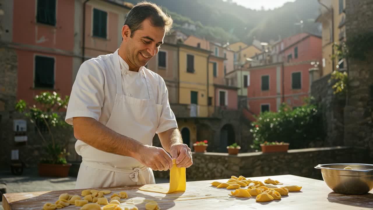 A Skilled Chef Perfecting Homemade Pasta in a Charming Italian Village, Showcasing Traditional Culinary Techniques and Fresh Ingredients in the Warm Afternoon Light