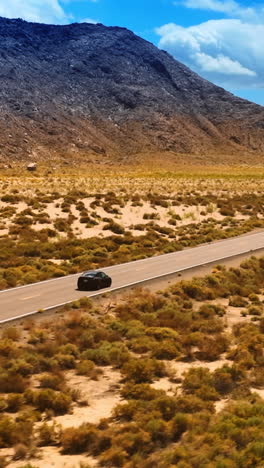 black car driving by the road in the desert of nevada. beautiful mountains at backdrop with no vegetation on. aerial view. vertical video