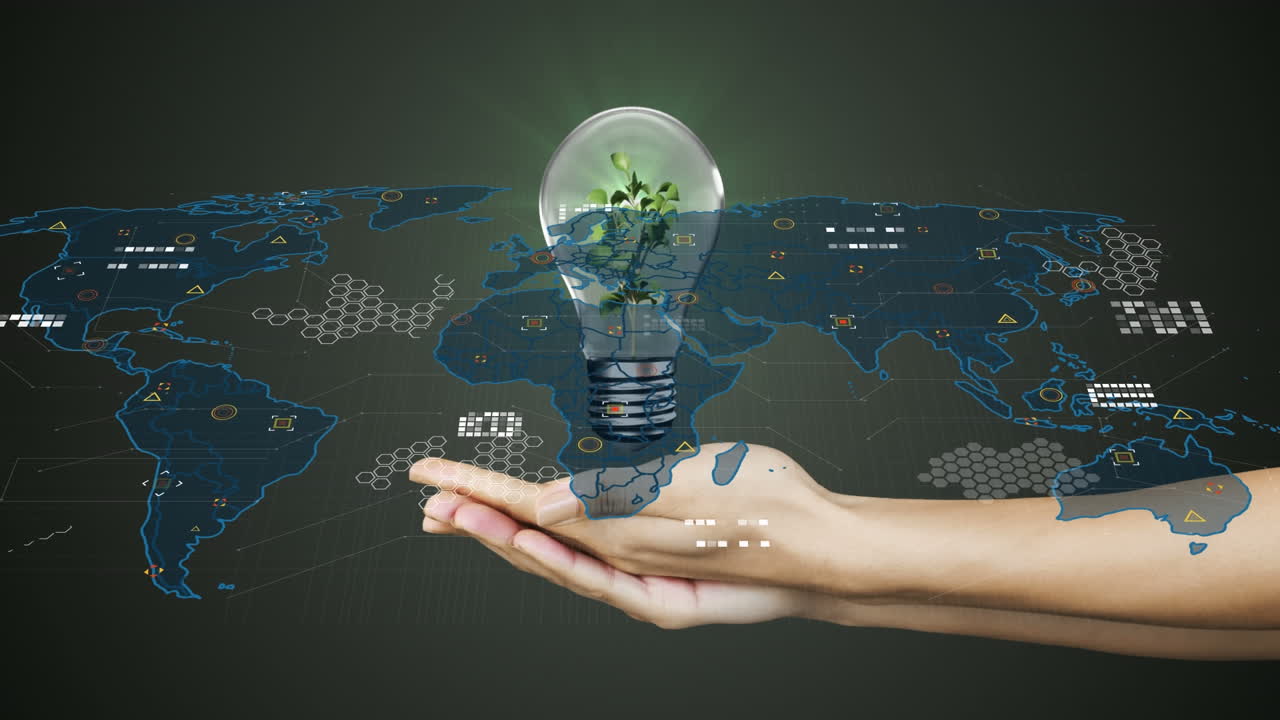 animación de la mano con bombilla y mapa del mundo sobre fondo oscuro