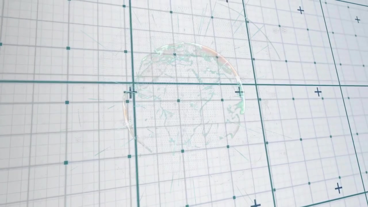 Ologramma di testa wireframe che fluttua centrato su un'interfaccia a griglia, mostrando nodi color verde acqua e marcatori a forma di più.