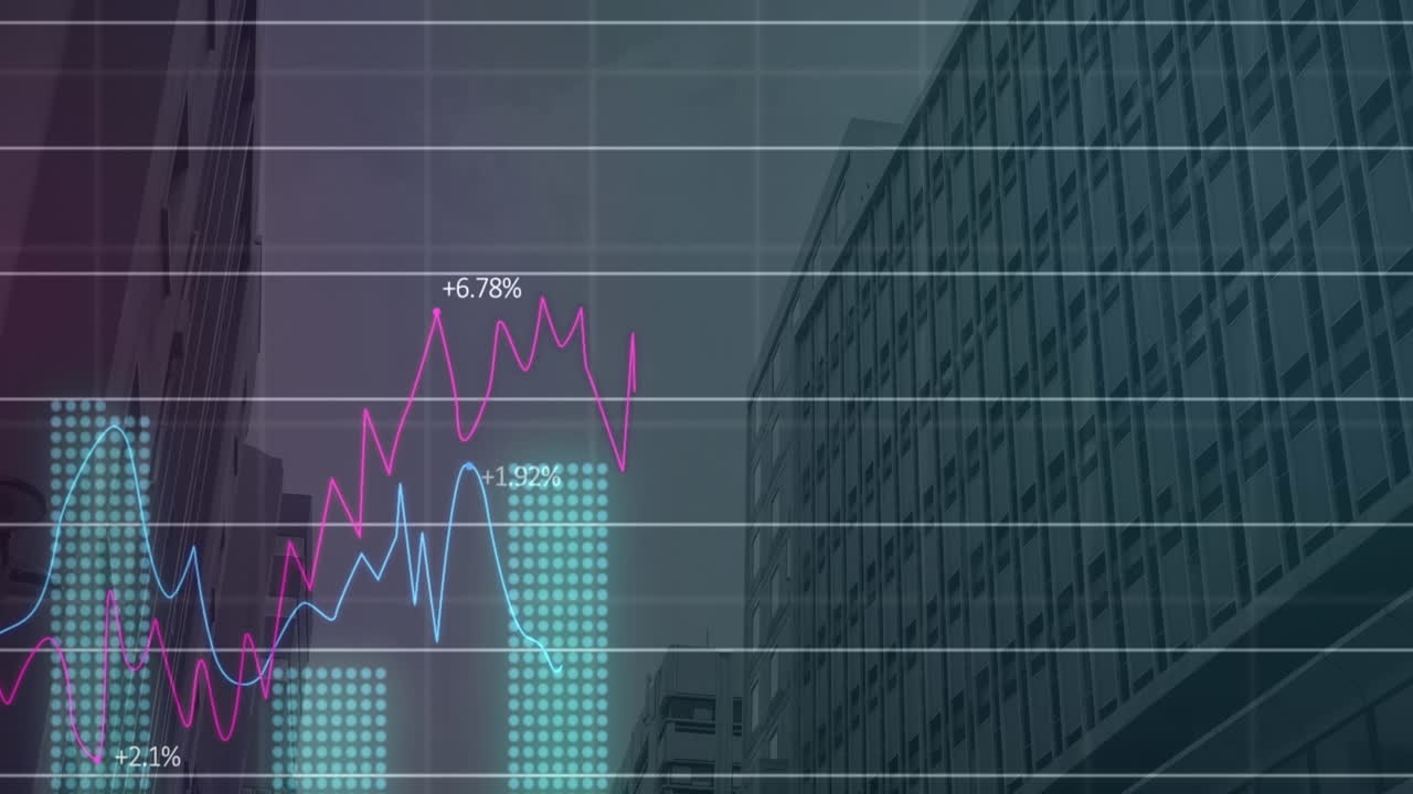 animación del procesamiento de datos estadísticos a través de la red de red contra vista de ángulo bajo de un edificio alto