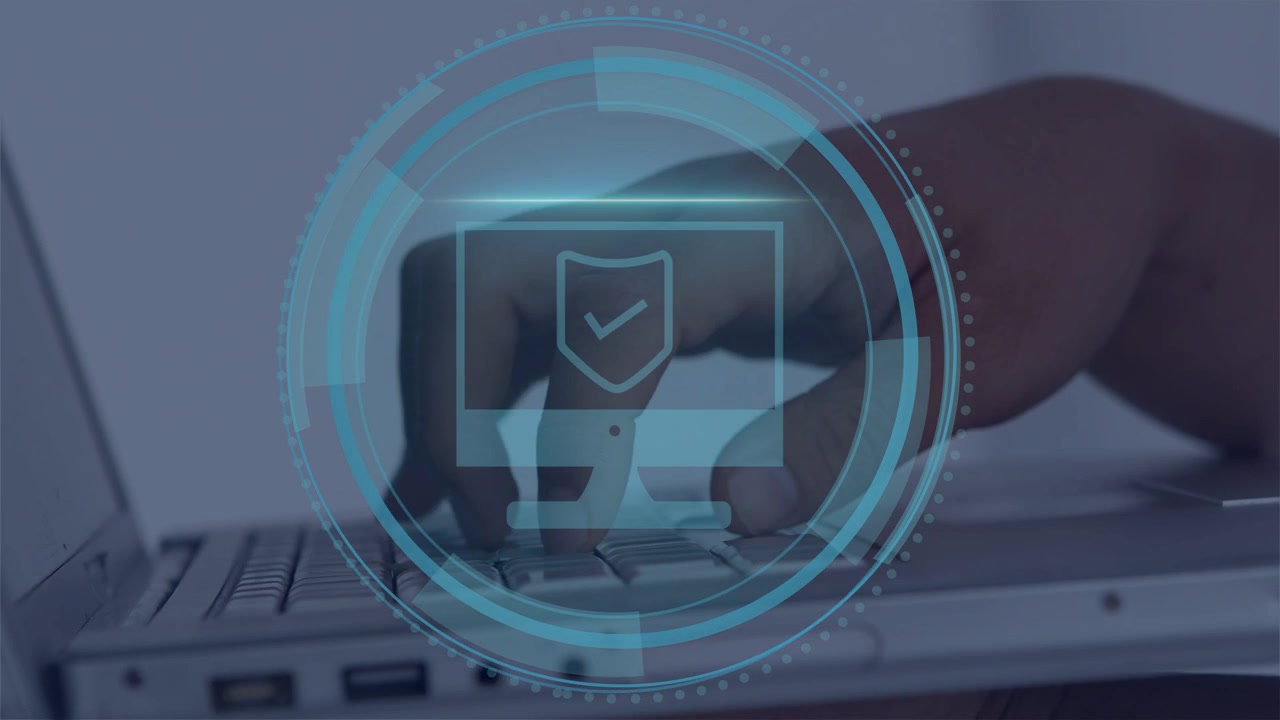 Cyber Security text appearing, right hand typing, HUD expanding, monitor shield checking threats