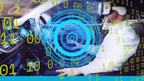 Animation-of-data-processing-and-binary-code-over-caucasian-man-in-vr-headset-and-futuristic-car