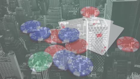 Animation-of-playing-cards-and-chips-on-board-over-cityscape