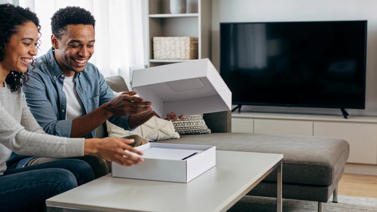 Placing white box, couple in gray and blue shirts opening lid inspecting item at home