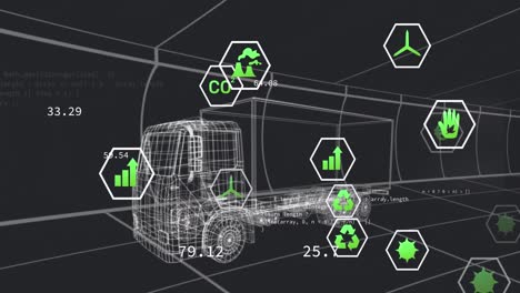 Animación-Del-Procesamiento-De-Datos-Con-íconos-Ecológicos-Y-Camión-Digital-Sobre-Un-Túnel-Negro-Digital