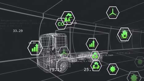 animación del procesamiento de datos con iconos de ecología y camión digital sobre túnel negro digital