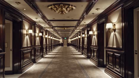 warm light illuminates a long, elegant hotel corridor featuring dark wood paneling, soft carpeting, and wall mounted lamps, creating a sophisticated and welcoming atmosphere