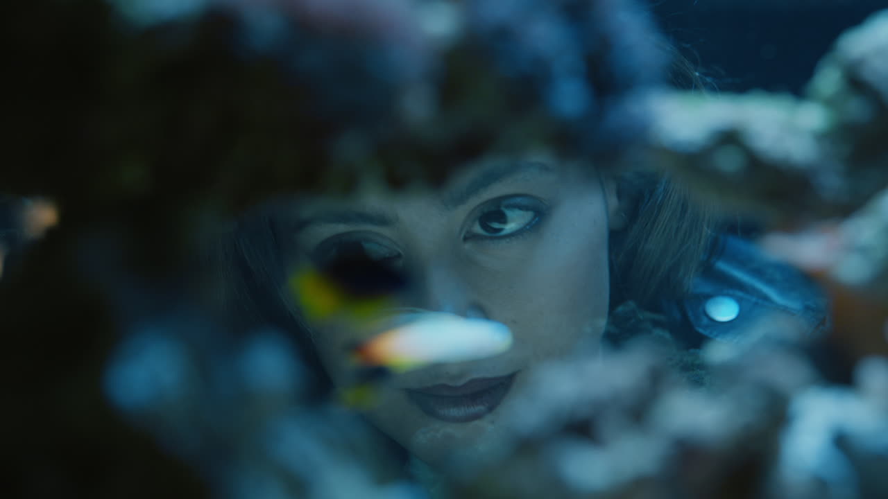 mujer mirando peces coloridos en el tanque del acuario viendo vida marina colorida nadando en el arrecife de coral observando el ecosistema marino