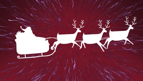 animation of santa claus in sleigh with reindeer over fireworks on burgundy background