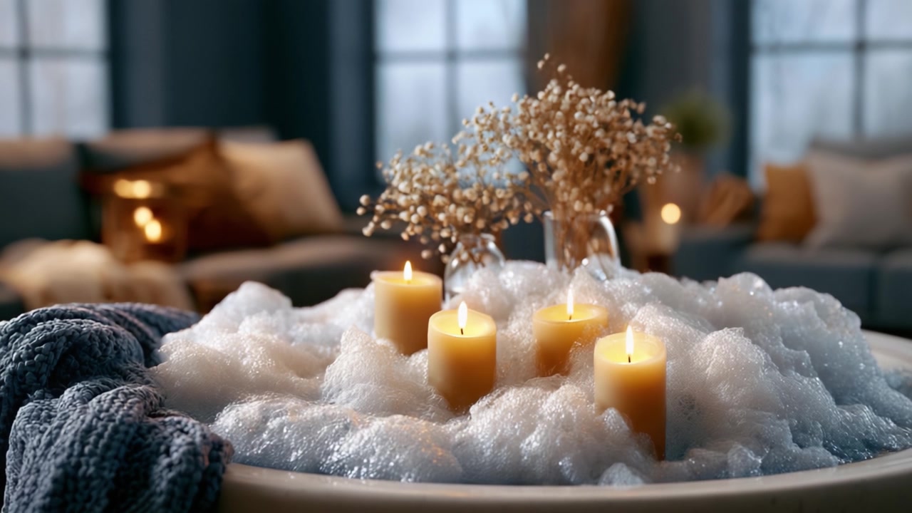 En afslappende spa-atmosfære med boblende skum og varmt stearinlys forbedrer roen i afslapningsområdet, der byder på hyggelige tekstiler og dekorative elementer.