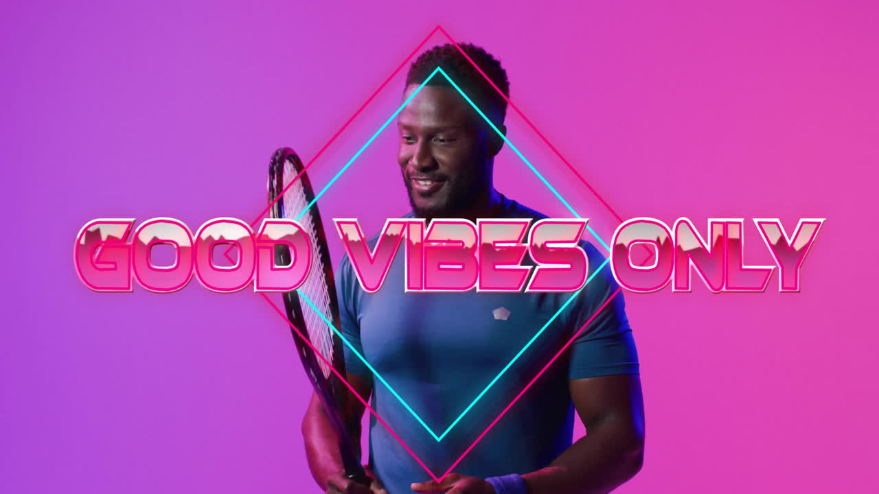 man holding bat in marketing animation studio, showcasing neon diamond outlines and bold text