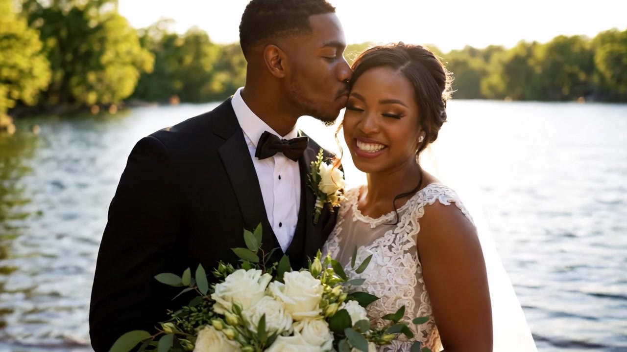 Portraits de mariage romantiques au coucher du soleil d'un couple au bord de l'eau : célébrer l'amour et l'union dans un magnifique cadre extérieur