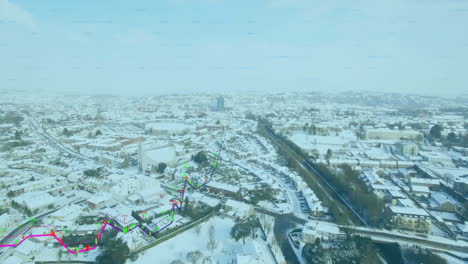 flat-design overlaying multi-color zigzag line chart across snow-covered suburban houses and roads