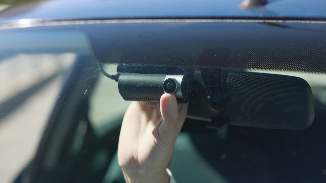 한 손 이 차량 의 앞 유리창 에 부착 된 대시 캠 의 카메라 를 조정 하고 있다
