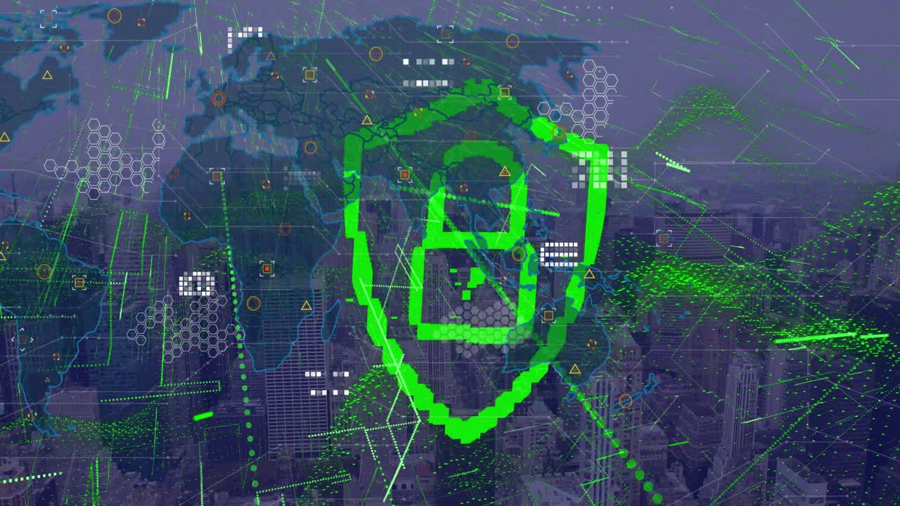animación del icono del candado y el mapa del mundo con procesamiento de datos sobre el paisaje urbano