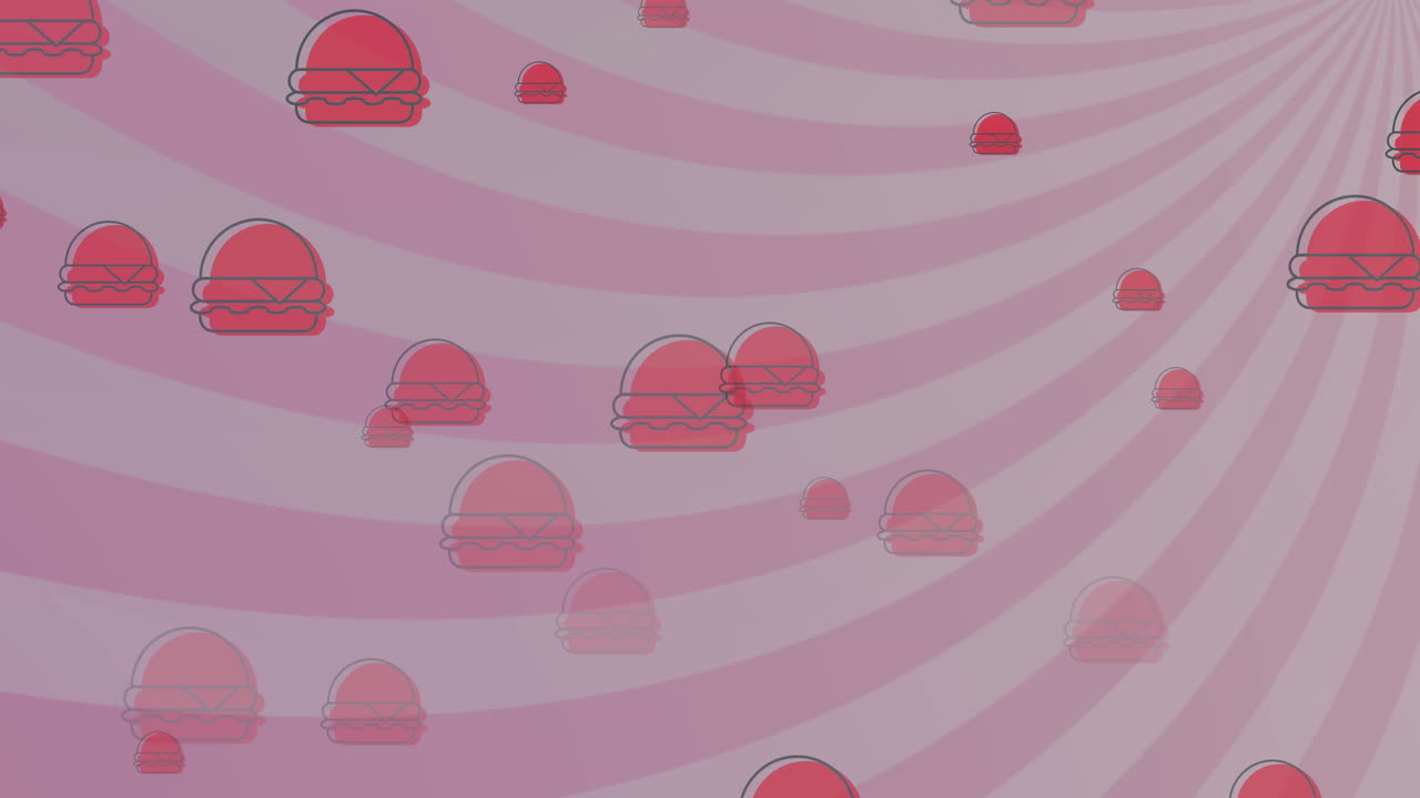 회전하는 분홍색과 색의 방사선 줄무 위에 떨어지는 빨간색 햄버거의 애니메이션