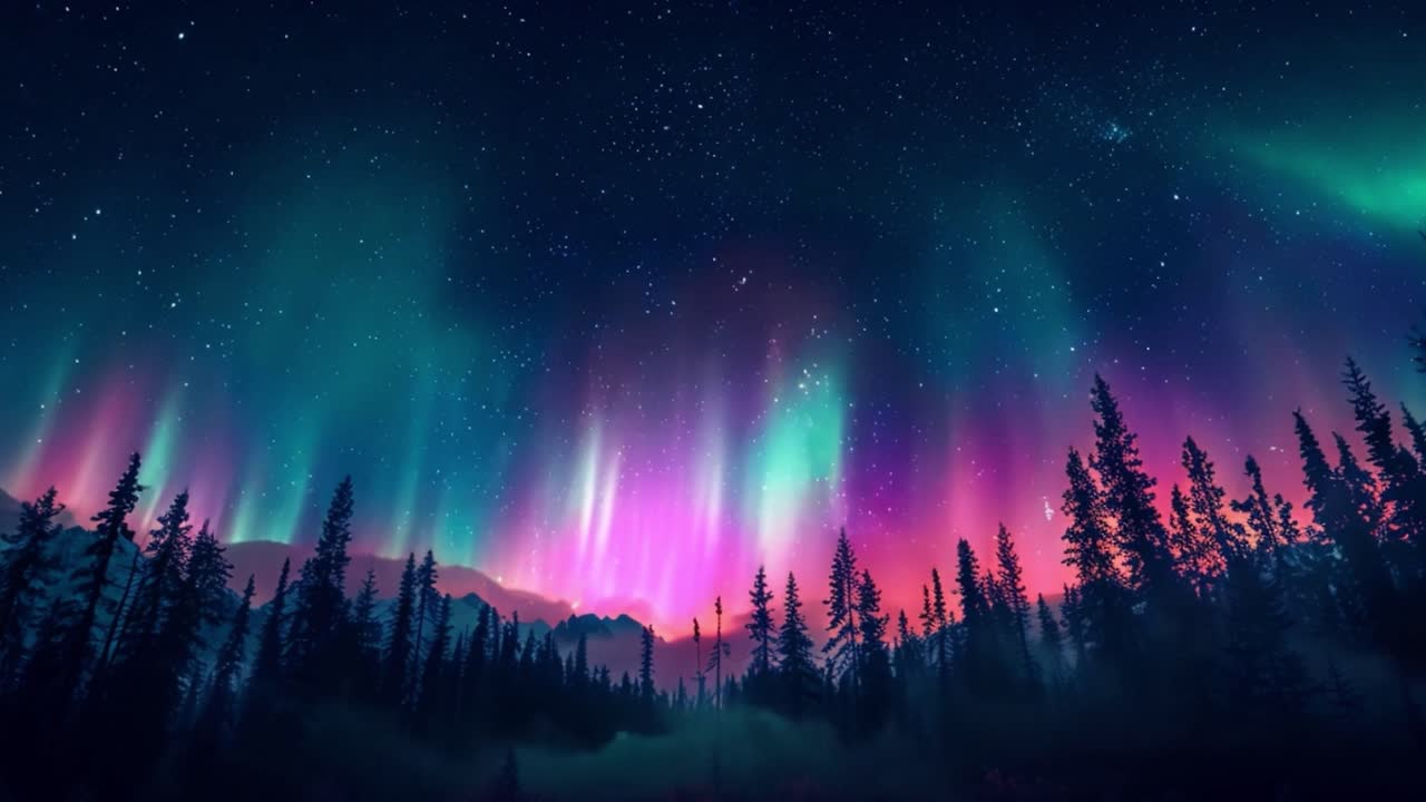 Vibrant Aurora Borealis Over a Forest at Night