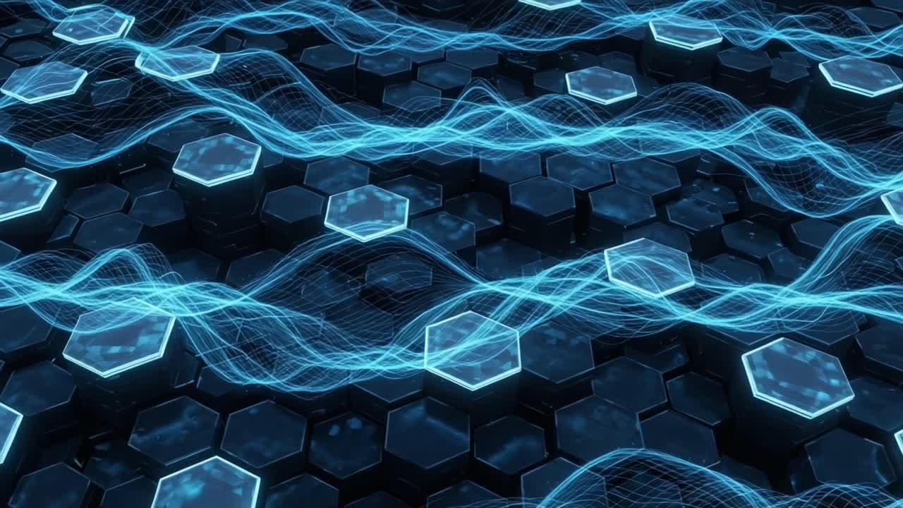 A Captivating Visualization of Interconnected Hexagonal Patterns with Dynamic Flowing Waves of Electric Blue Light Oscillating Across a Dark Matrix Background