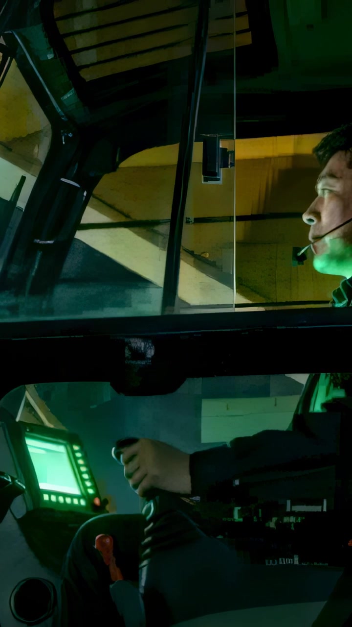 Vertical video: Reading green man in coat in cab holding joystick on mic scanning ahead, copy space