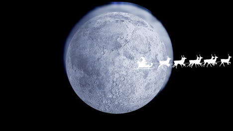 animation of santa claus in sleigh with reindeer passing over moon and stars