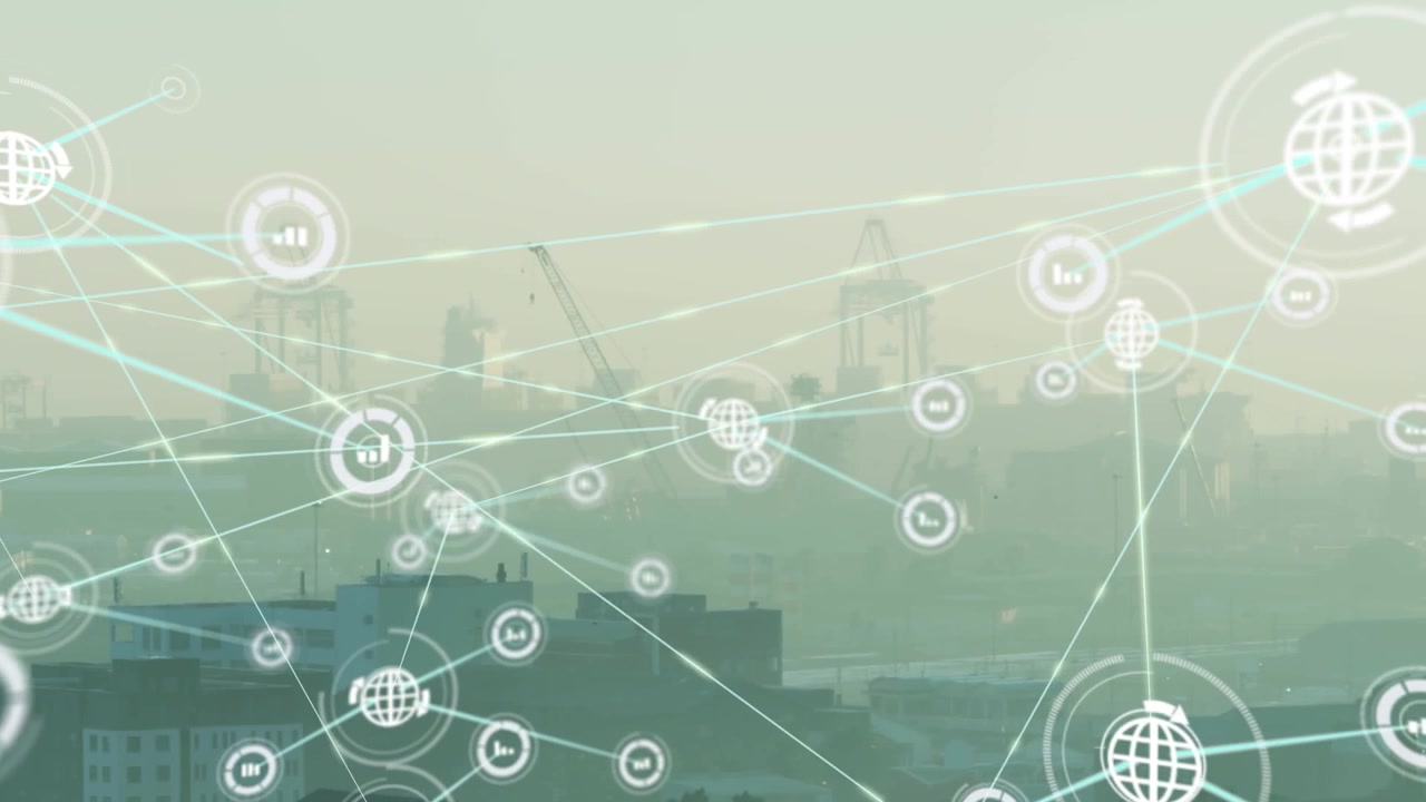 Connessioni di rete digitali su un paesaggio urbano portuale industriale