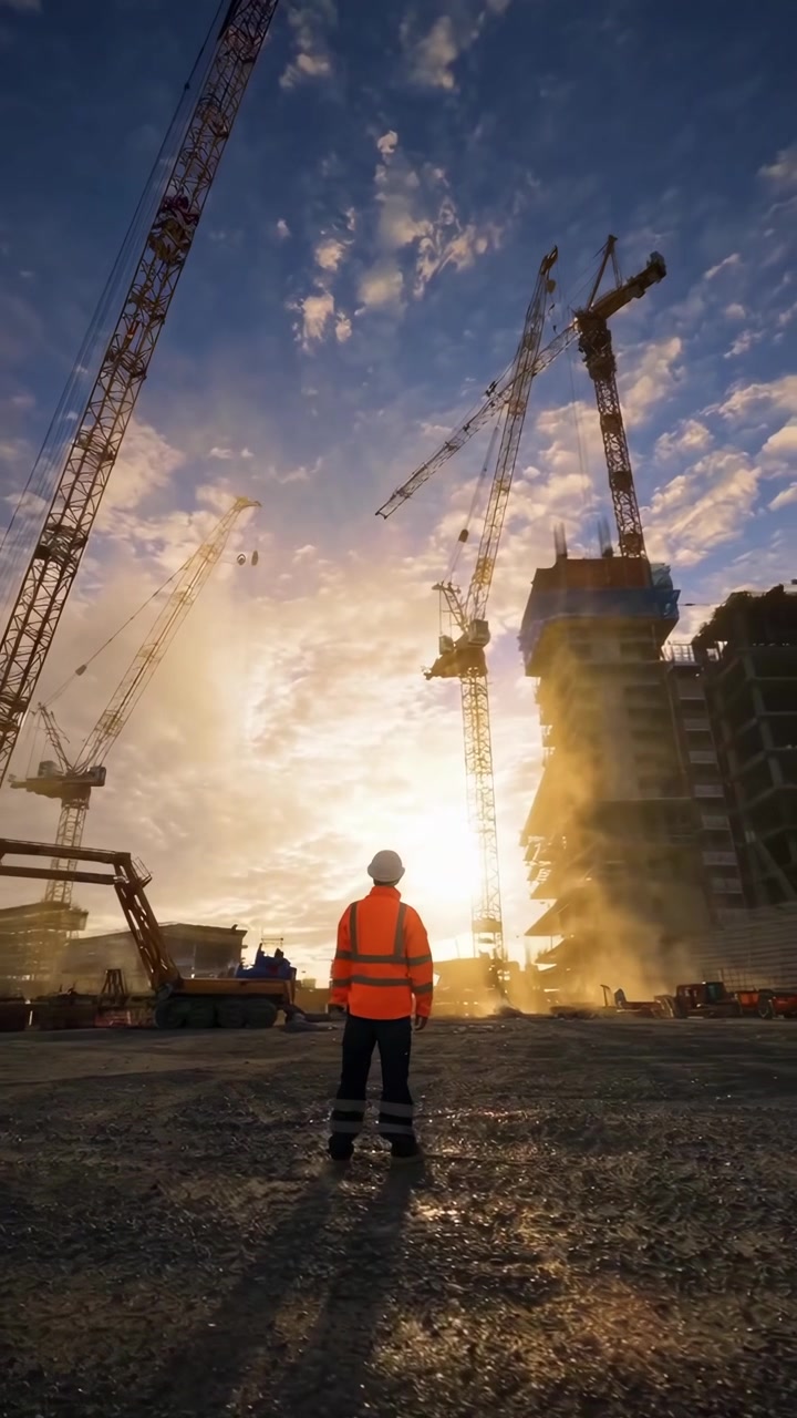 Construction Worker Standing on Site at Sunset with Cranes