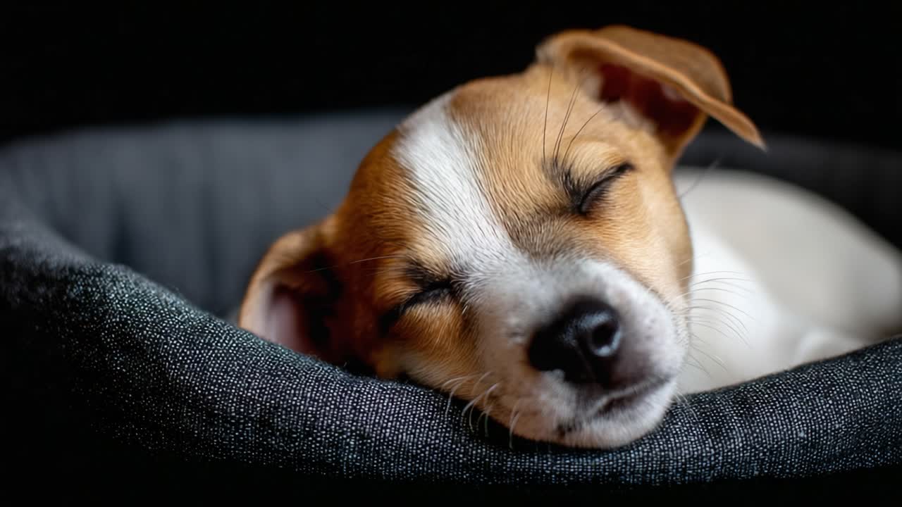 Adorable Sleeping Puppy in Cozy Bed: A Heartwarming Moment Captured in Two Frames Showcasing a Cute, Dreaming Dog with Peaceful Expression