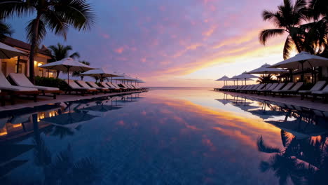 sunset over a tropical infinity pool at a luxury resort