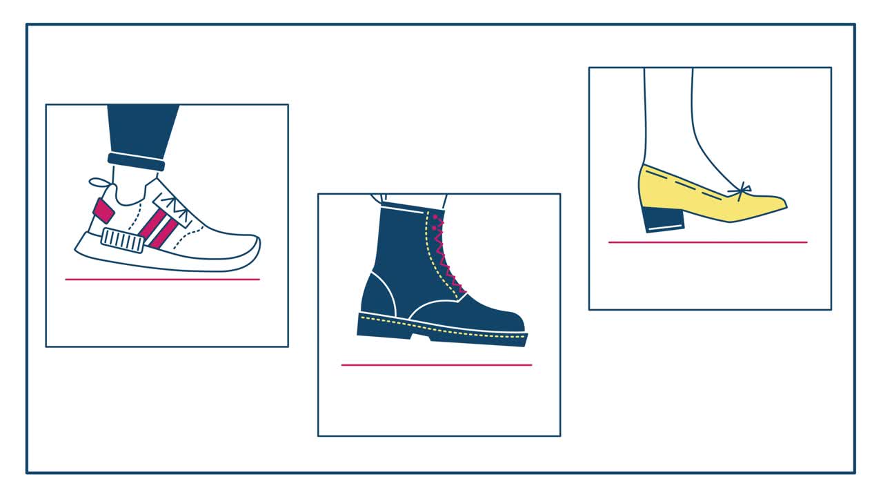 색 배경에 설정된 만화 신발의 4k 비디오.