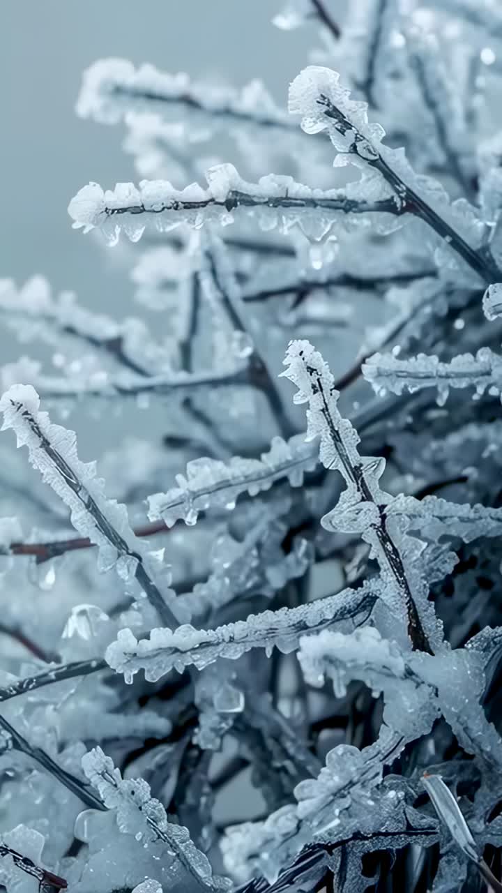 Vertical video: Panning camera showing thin iced twigs at outside shrub with glaze ice melting