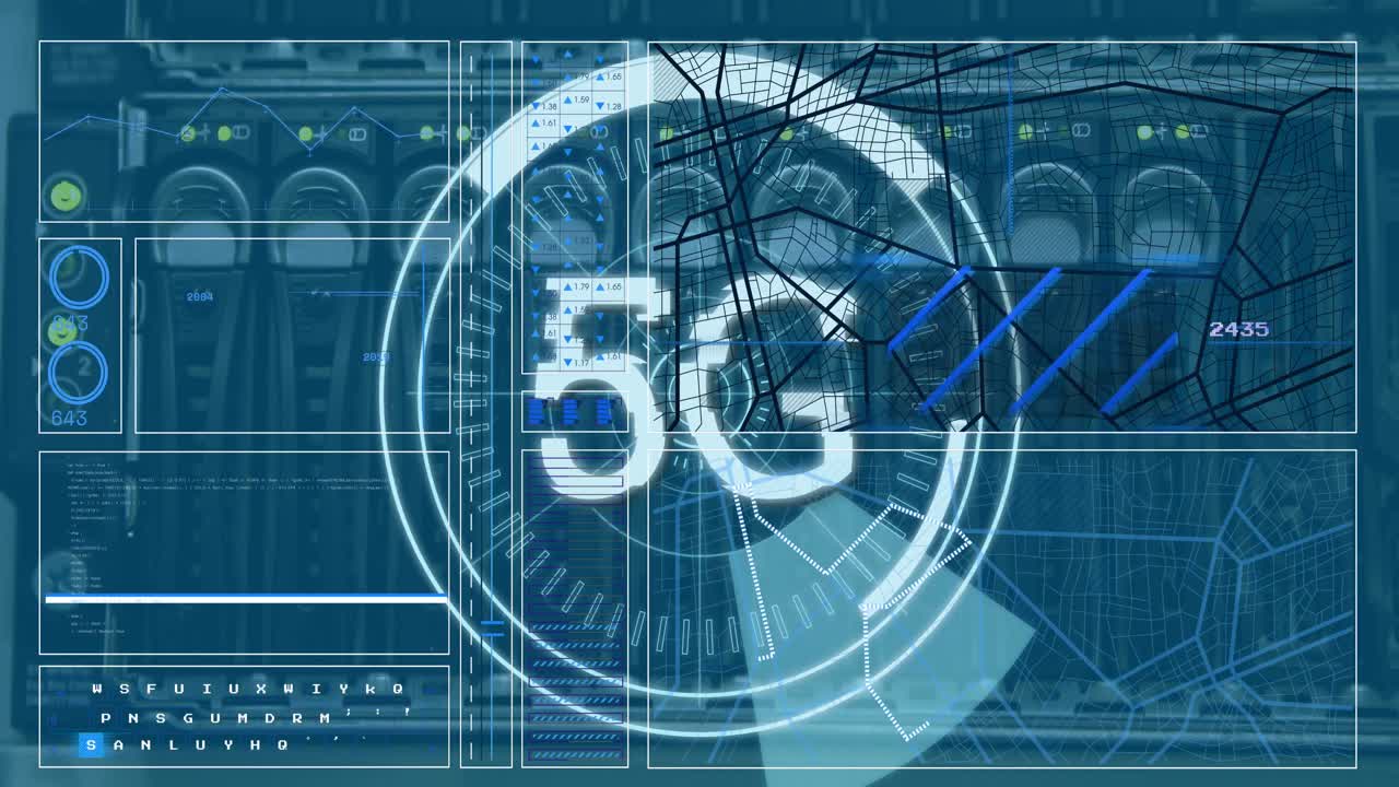 animación del escaneo de alcance con procesamiento de texto y datos 5g sobre la sala del servidor