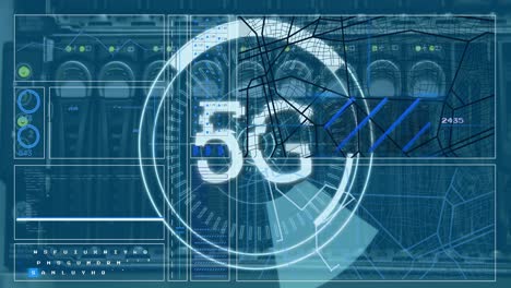 animation of scope scanning with 5g text and data processing over server room