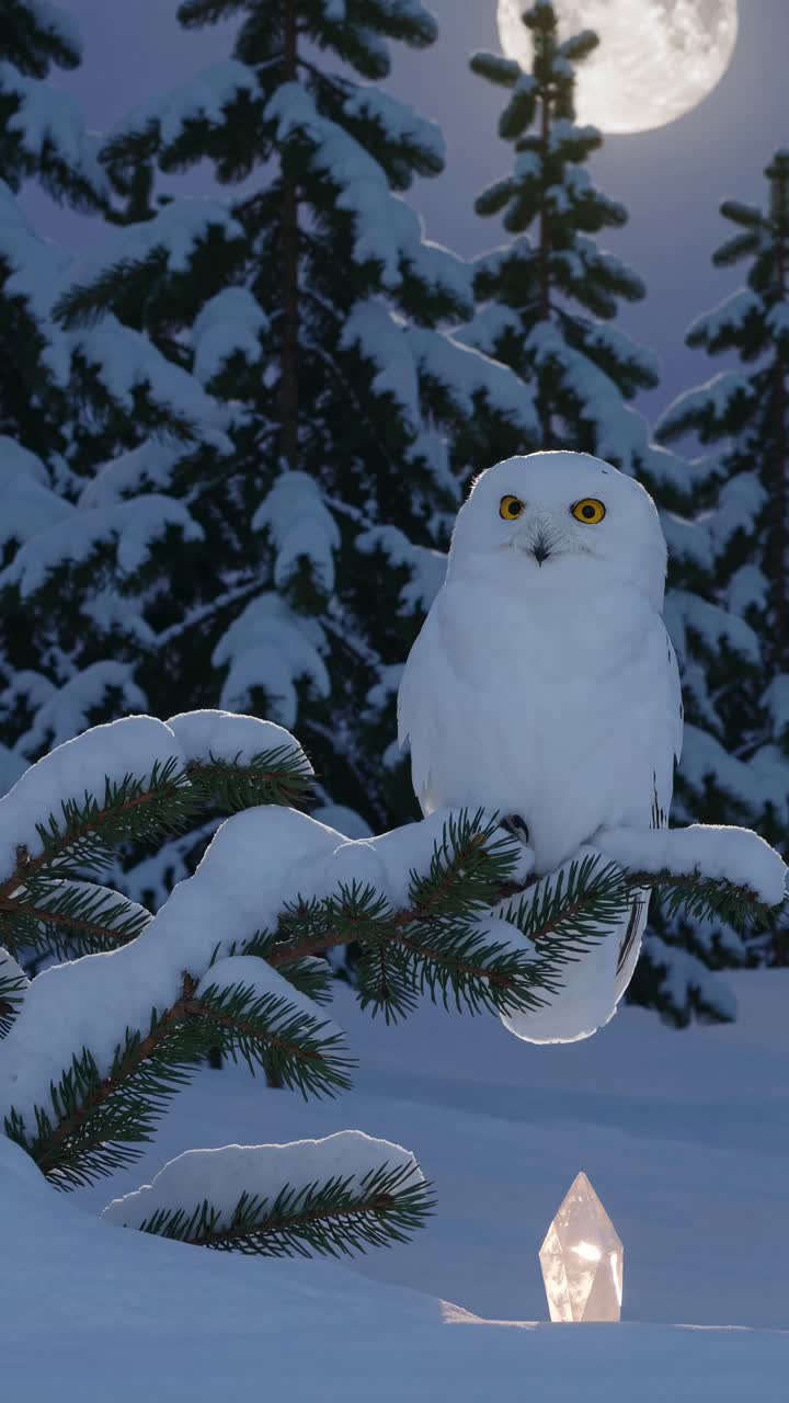 A snowy owl perched on a pine branch under a full moon, with a glowing crystal below
