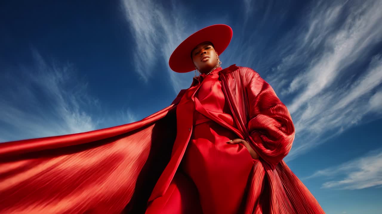 Stunning Fashion Portrait of a Model in a Bold Red Ensemble Against a Dramatic Blue Sky with Whimsical Clouds, Showcasing Artistic Flair and Unique Style Choices