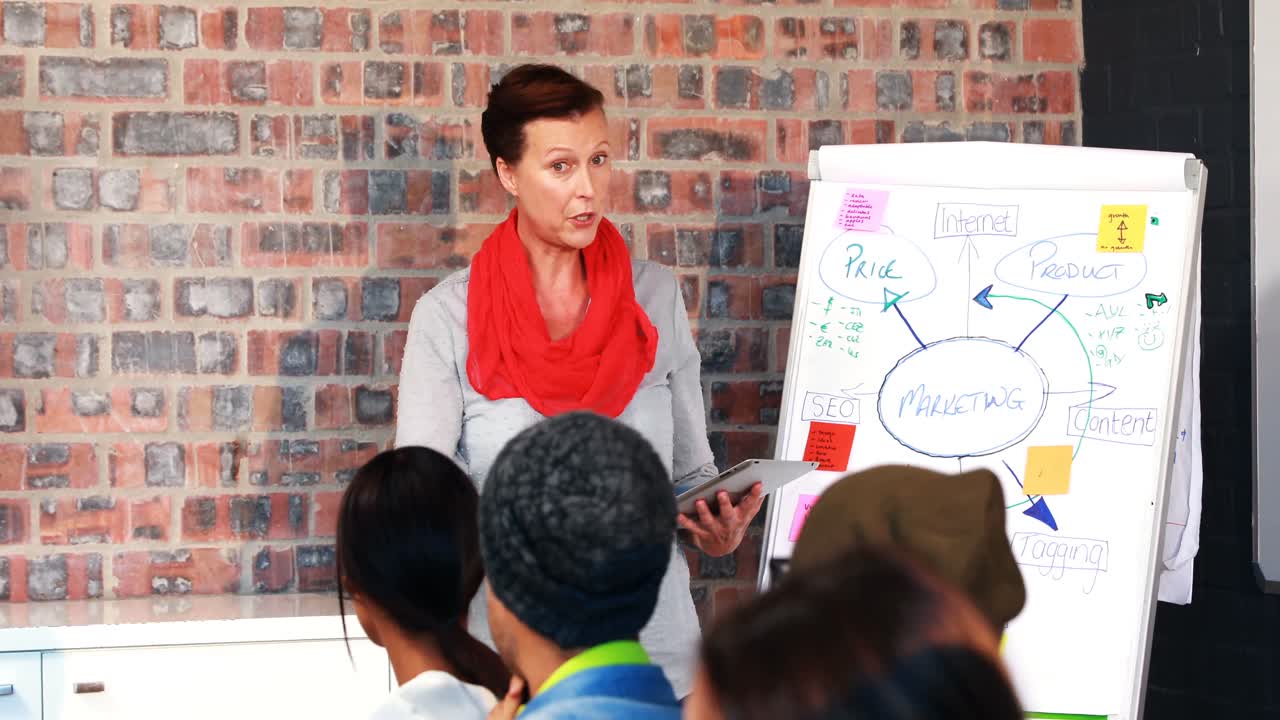 mujer de negocios explicando en la pizarra
