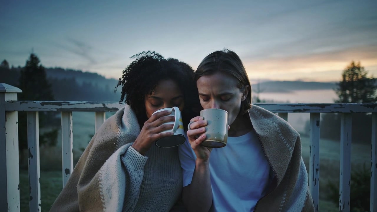 L'alba illumina due donne che condividono una coperta su un portico di legno, sorseggiando da tazze e scaldandosi le mani
