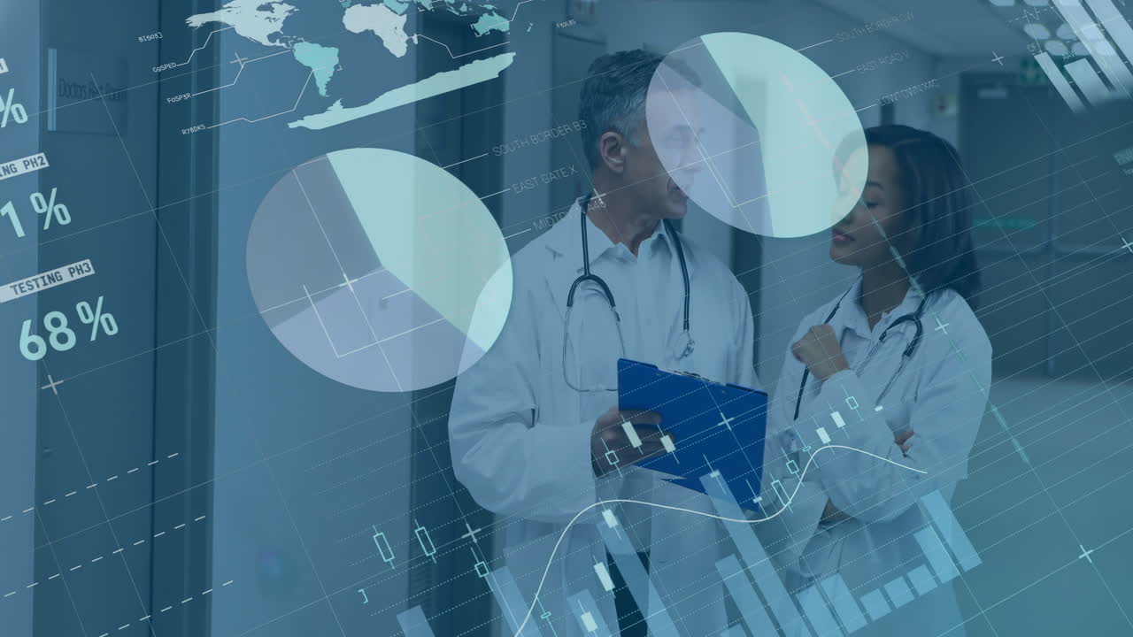 animación de procesamiento de datos y diagramas sobre diversos médicos que hablan en el hospital