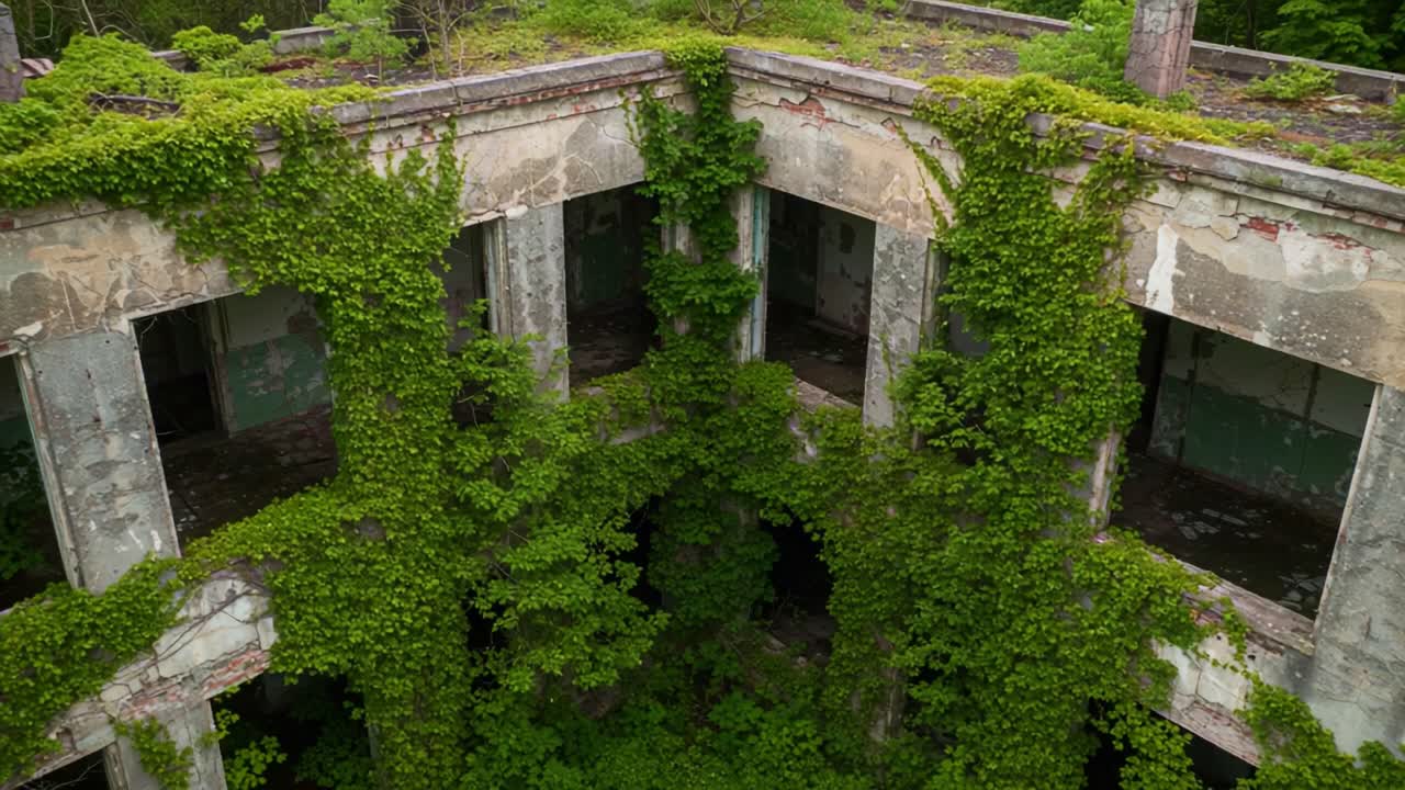 Nature Reclaims Space: An Overgrown Abandoned Building with Dense Greenery and Crumbling Walls Showcasing the Beauty of Decay and Urban Exploration