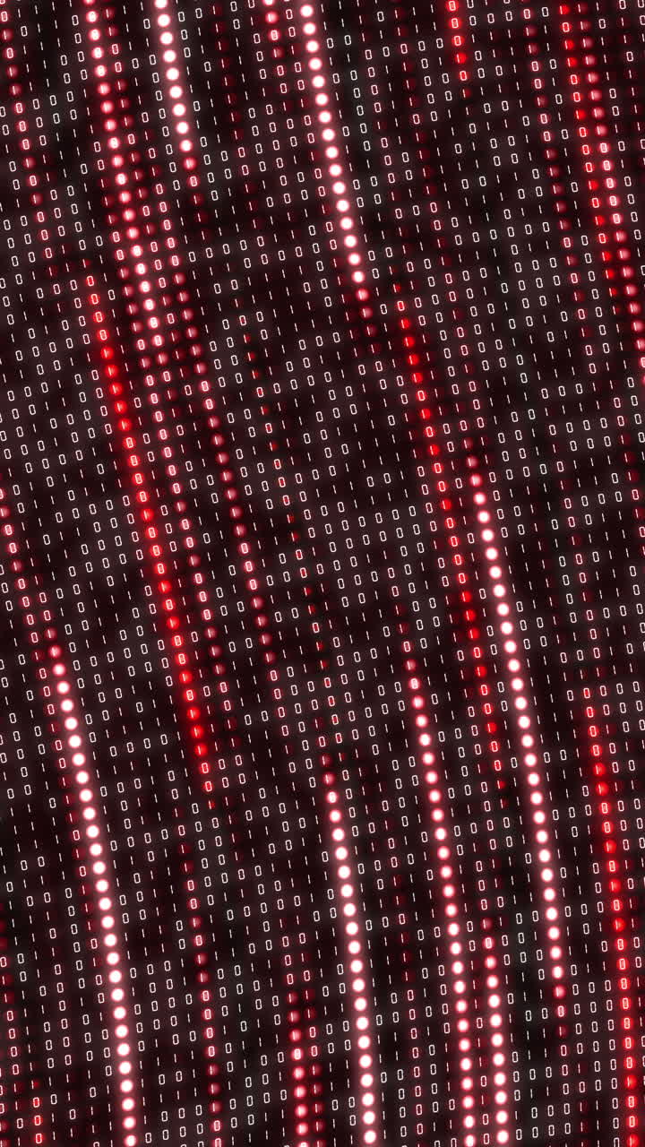 Binary code on screen with round glowing red pixels. Variable digital computer code of ones and zeros. Looped animation with numbers in diodes. Vertical video.