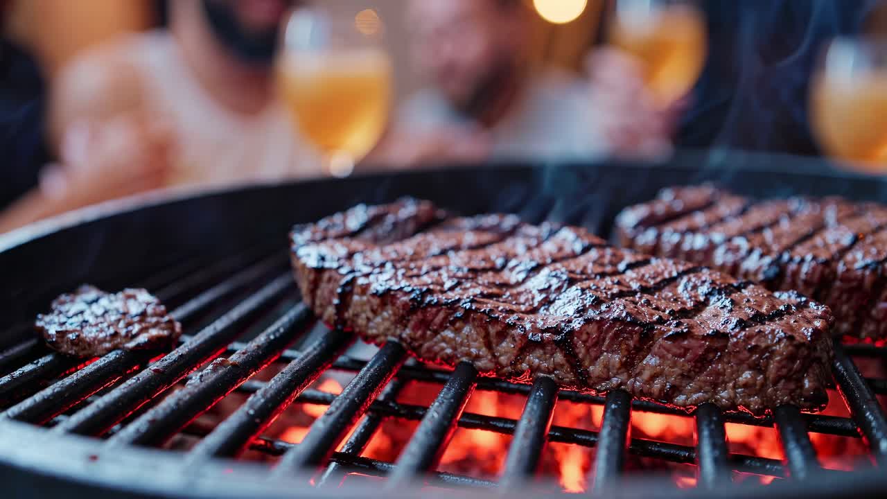 Primo piano, ripresa ad altezza occhi di bistecche sfrigolanti su una griglia, che cattura l'essenza di un video di barbecue